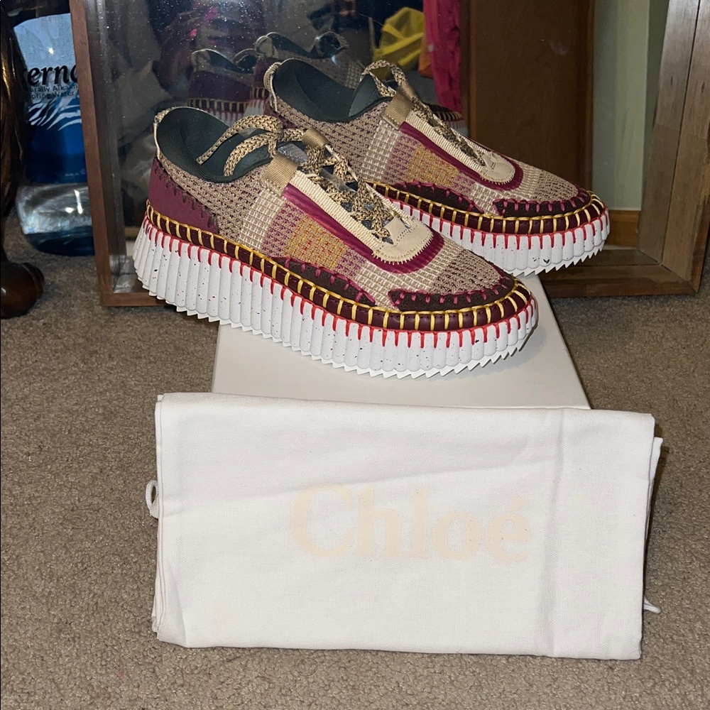 CHLOE NAMA MULTICOLOR COFFEE BROWN WOVEN PLATFORM SNEAKERS IN SIZE 38 EU - Picture 13 of 17
